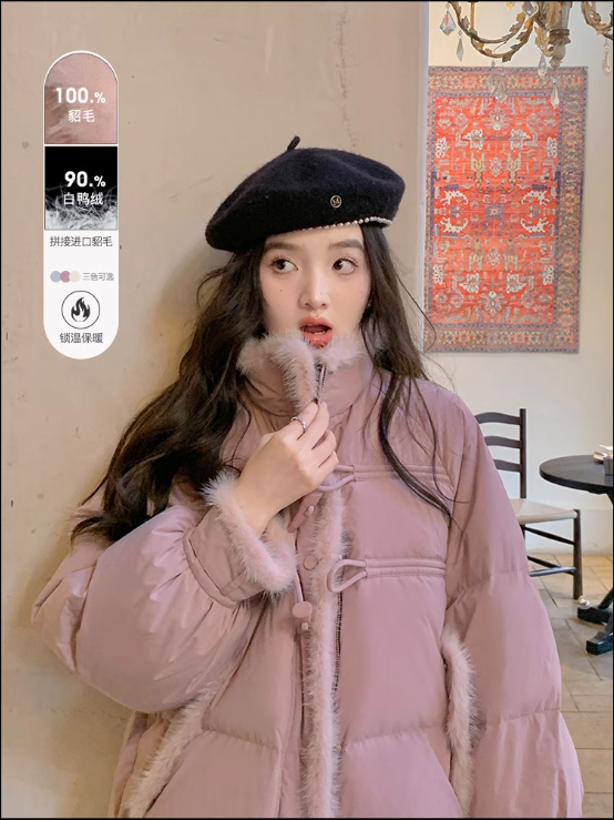 拼接貂毛外套立领白鸭绒羽绒服女冬季-阿里巴巴
