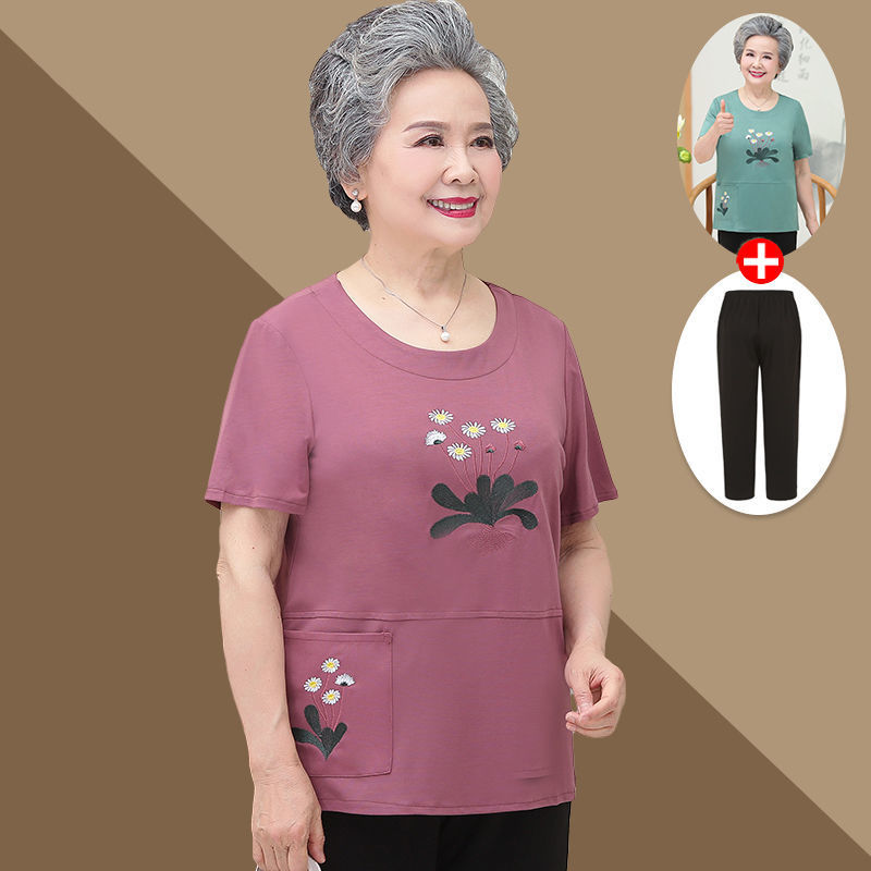 中老年女夏装短袖奶奶夏季两件套妈妈上衣恤老太太套装老人衣服