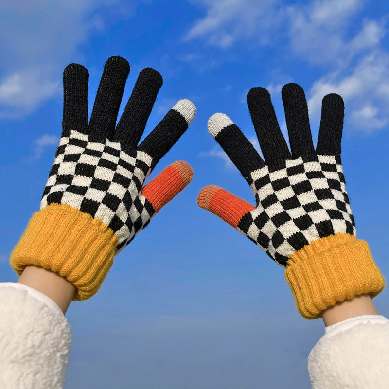 情侣手套女冬季保暖可爱毛线拼色条纹触屏网红防寒加绒加厚学生男