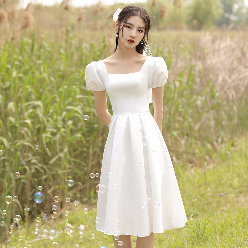 白色小晚礼服女平时可穿登记领证小白裙法式订婚连衣裙结婚照衣服