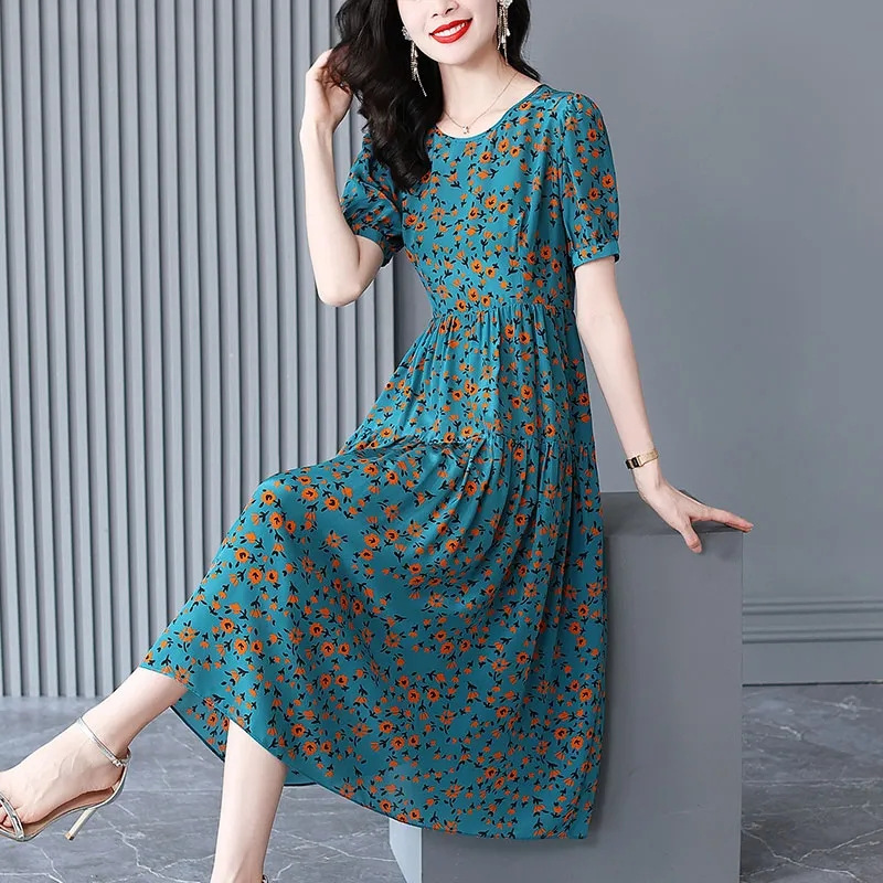 杭州丝绸新款碎花真丝连衣裙女大牌高档桑蚕丝妈妈长裙特价-阿里巴巴