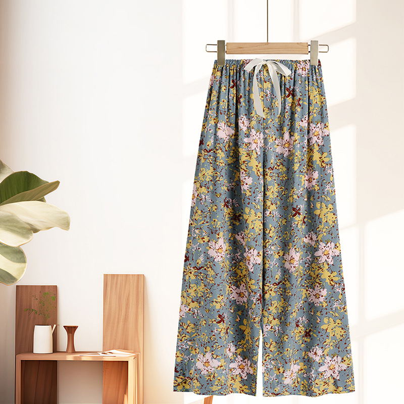 Cotton Silk Pajama Pants Casual Summer Women's Breathable Thin Wide-Leg Pants Loose Home Can Be Worn outside Cropped Culottes Air Conditioning Pants
