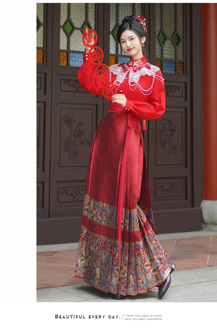 Real Shot Longfeng Heavy Industry Woven Gold Red Horse-Face Skirt Cloud Shoulder Women's Han Chinese Clothing Toast Engagement Dress New Chinese National Style Suit