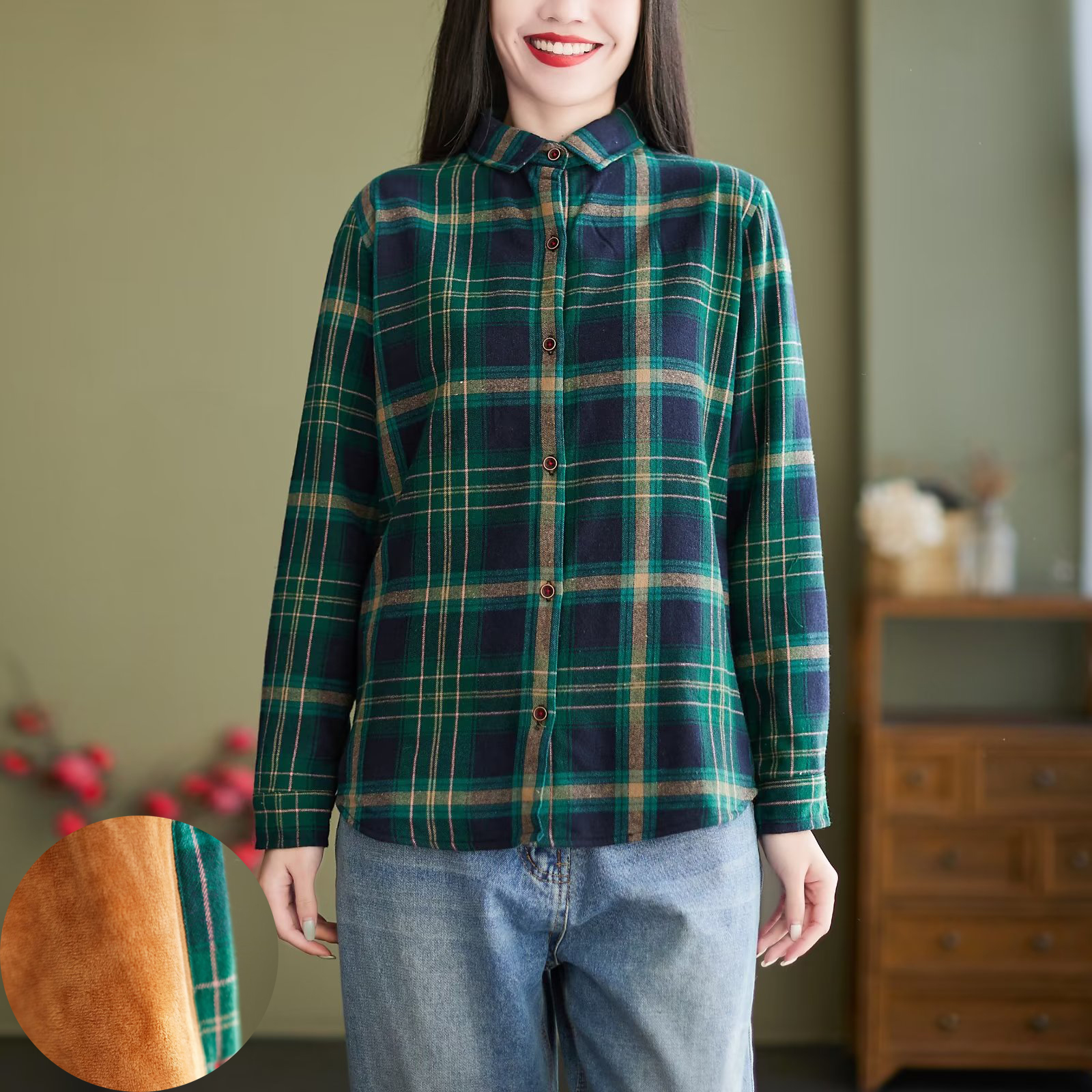 文艺长袖格子衬衫女秋冬季2023新款复古大码显瘦上衣保暖加厚衬衣