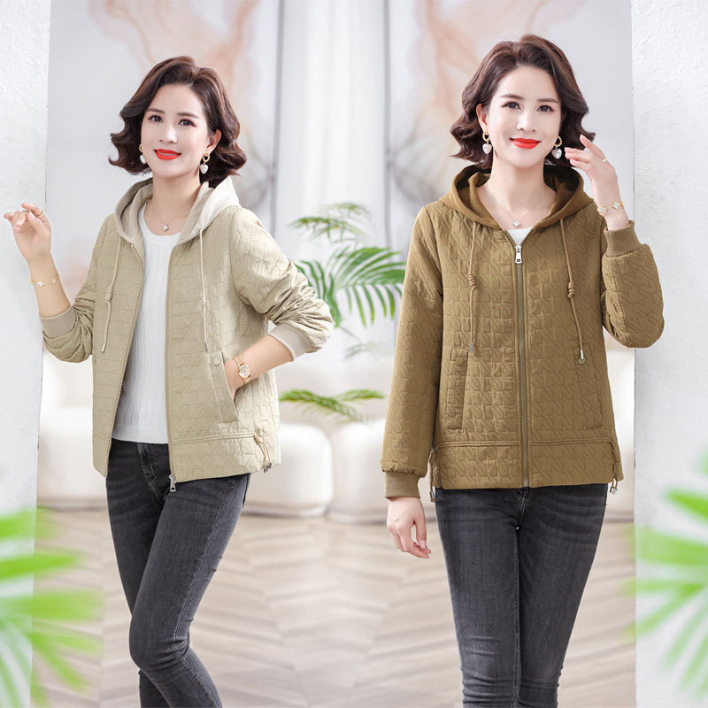 中年妈妈春装洋气外套40岁50中老年女装春秋时尚休闲连帽格子上衣