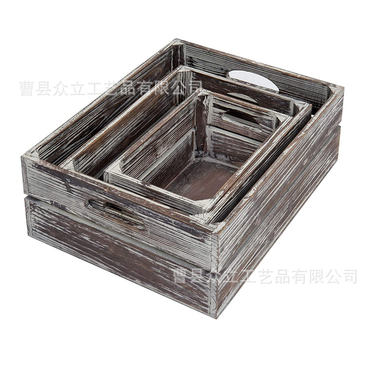 3-Piece Set Country Style Brown Wooden Nesting Box Desktop Jewelry Storage Box Wood Twist Wooden Crate