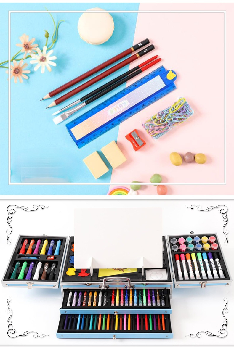 238pcs三层铝盒文具套装蜡笔水彩笔画板铅笔文具礼品礼盒绘画套装