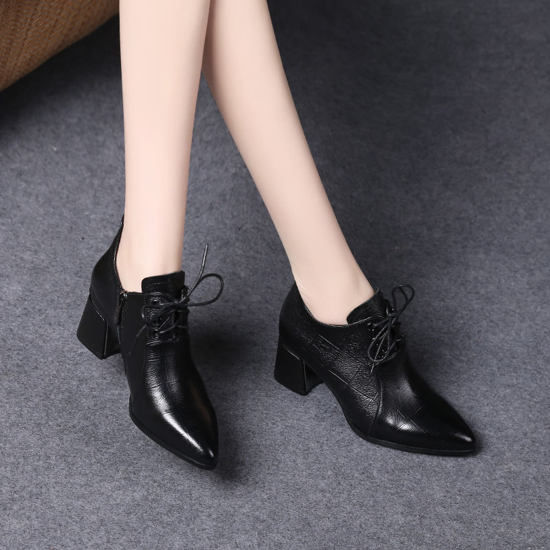 2021新款春秋女鞋中跟系带小皮鞋女真皮深口单鞋冬季尖头高跟鞋子