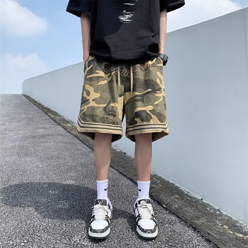 迷彩短裤男夏季美式复古刺绣运动篮球裤子潮牌宽松直筒休闲五分裤