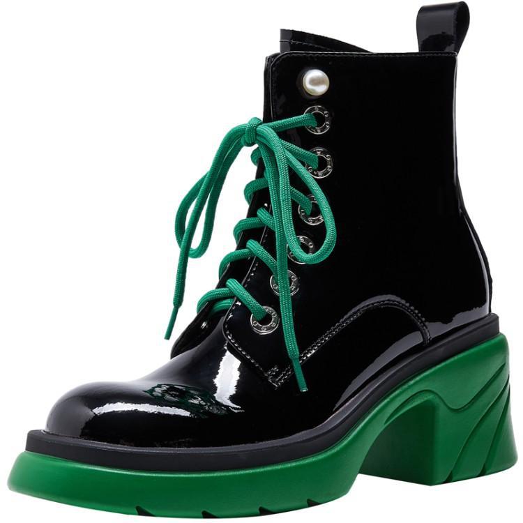 酷女孩~漆皮短靴子女厚底系带马丁靴中跟网红大码女鞋-阿里巴巴