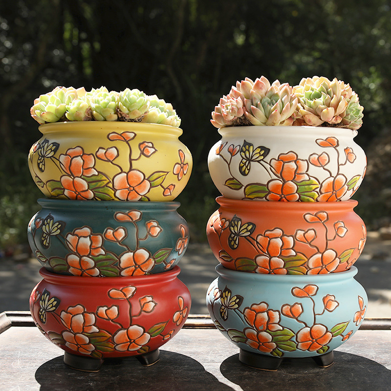 景德镇大号多肉花盆陶瓷韩式延禧手绘粗陶肉肉盆室内群生特价批发