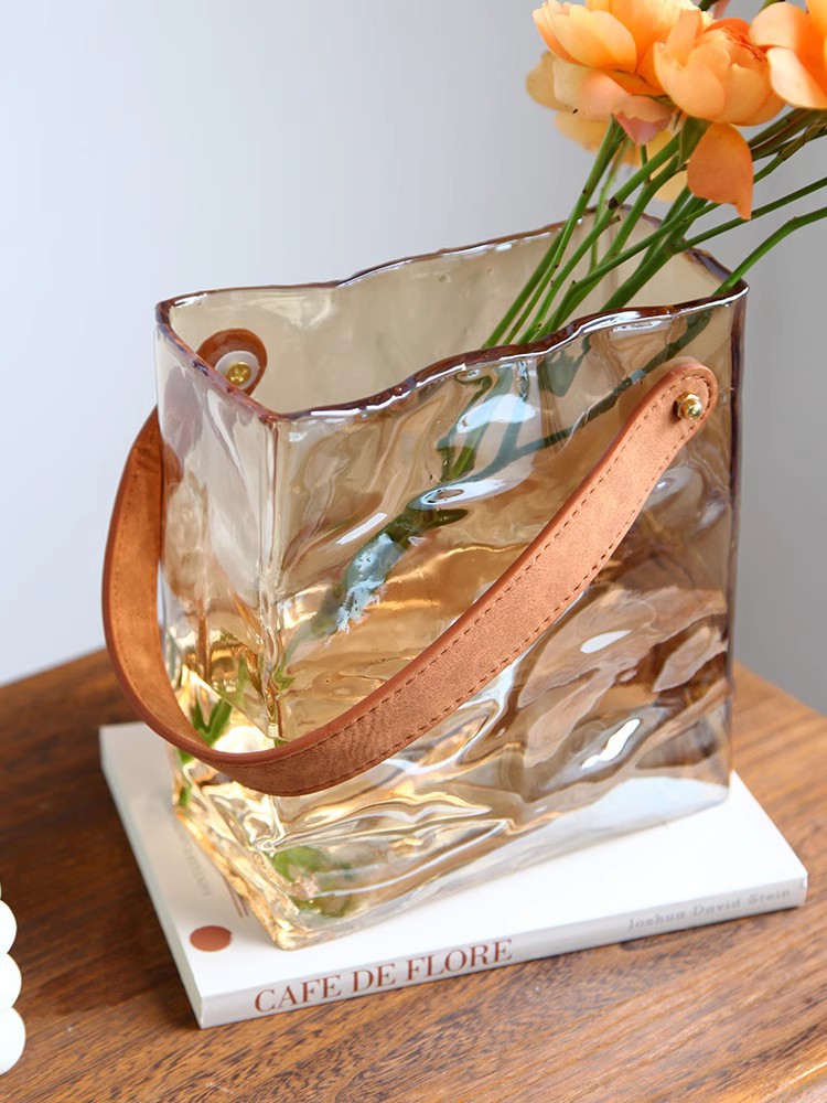 Creative Glass Vase Portable Belt Special-Shaped Flower Arrangement Living Room New Gray Square Bottle Decorative Ornaments