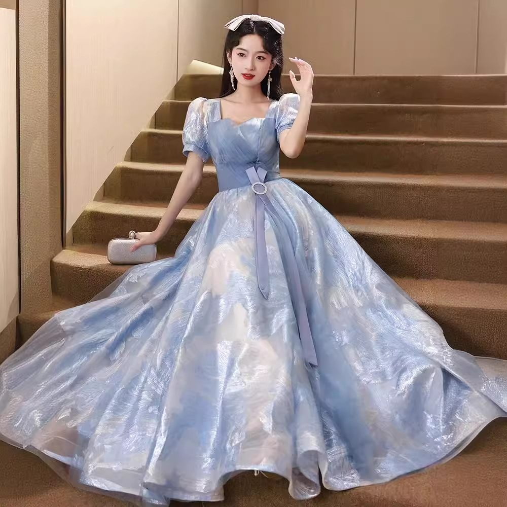 蓝色晚礼服女2024新款法式成人礼主持人高级质感宴会高端小众轻奢