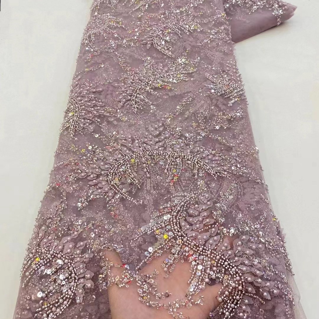 亮片条纹染色珠管绣网布网纱面料婚纱礼服绣花beads lace fabrics