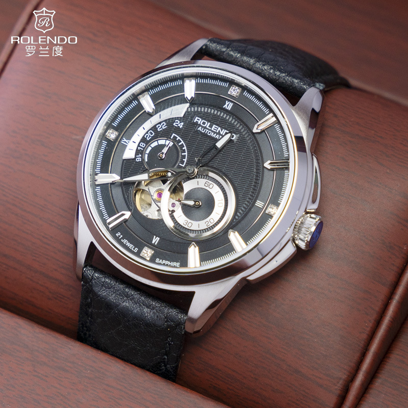 罗兰度瑞士手表防水男士罗兰度全自动机械表镂空7025黑武士钢壳