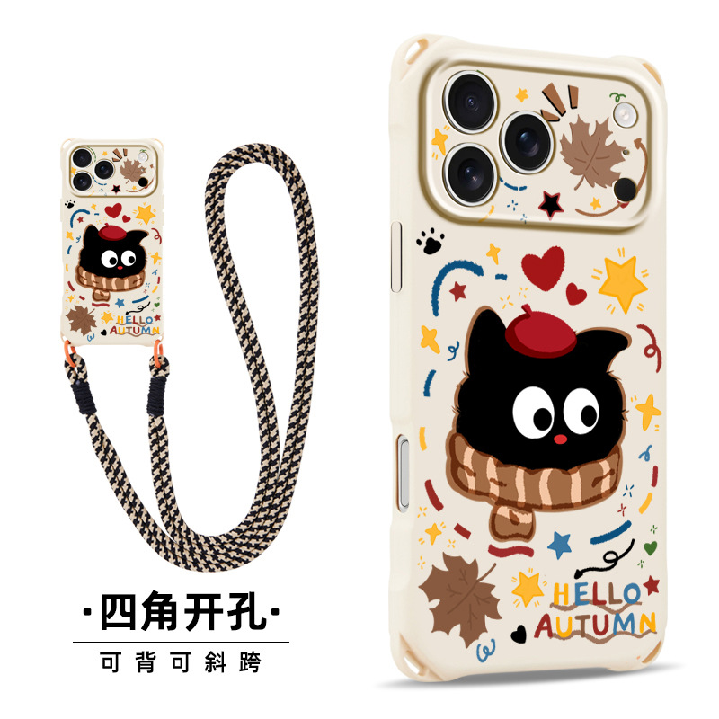 适用于苹果17promax枫叶煤球猫苹果15全包防摔带挂绳卡通16PRO