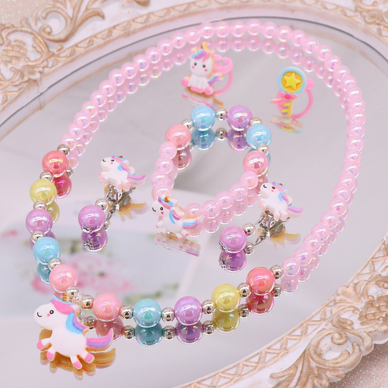 Children's Necklace, Bracelet Set Cute Cartoon Unicorn Girl Necklace Student Bead String Jewelry