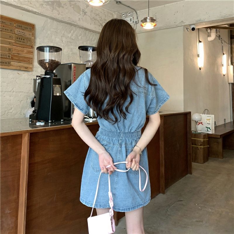 French Volkswagen Polo Collar Denim Dress Women's Small Waist-Tight Slimming Retro Korean Style Denim A- line Skirt