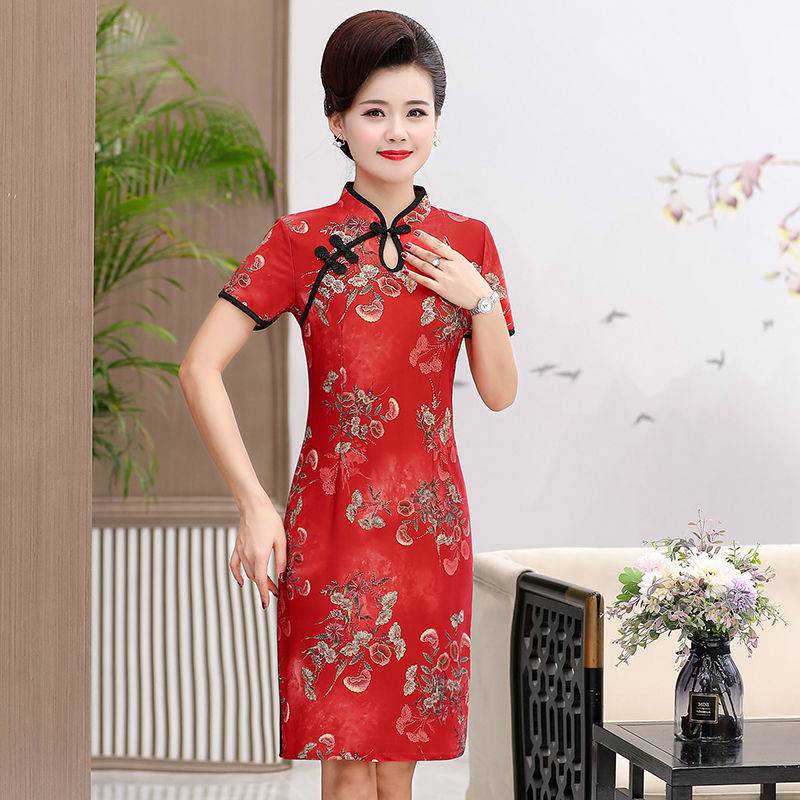 时尚妈妈装夏季新款显瘦长款中国风改良旗袍中老年女装短袖