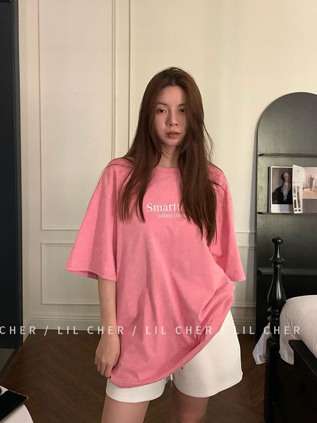 Lil Cher Pink Cotton Short-Sleeved T-shirt Women's Summer Oversized Loose Casual Korean-Style Mid-Length Half-Sleeve Top