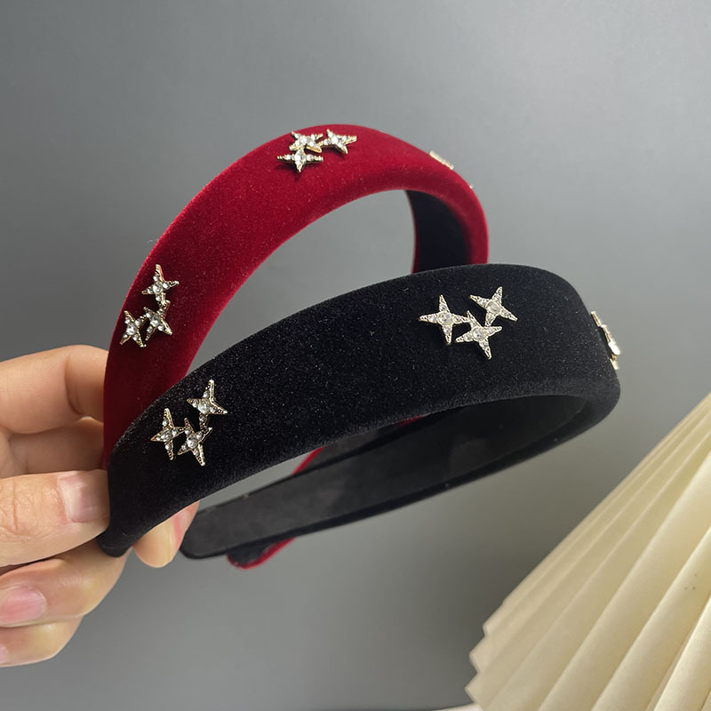 Niche High-Grade Rhinestone Velvet Headband Female Korean Ins High Skull Top Sponge Headband Four Eight-Pointed Stars Vintage Hairpin