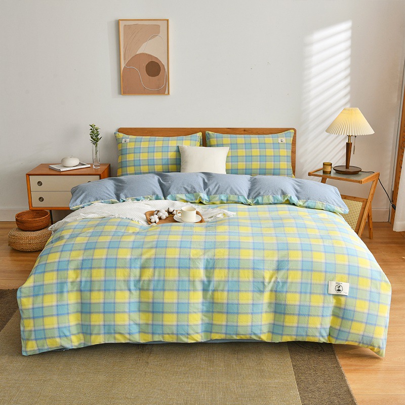 Cotton Yarn-Dyed Washed Cotton Four-Piece Set 100 Pure Cotton Bed Sheet Duvet Cover Plaid Three-Piece Set Four Seasons Universal Summer Wholesale 4