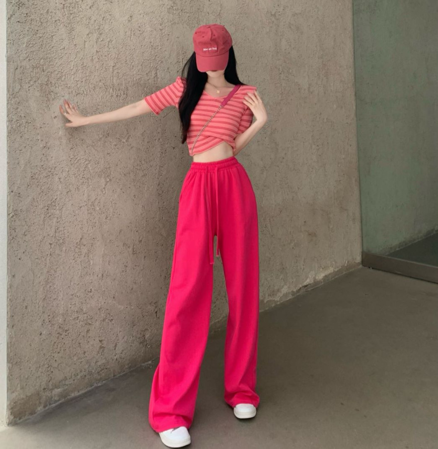 玫红色休闲裤女夏季宽松高腰宽松阔腿裤运动裤显瘦拖地裤子r1927
