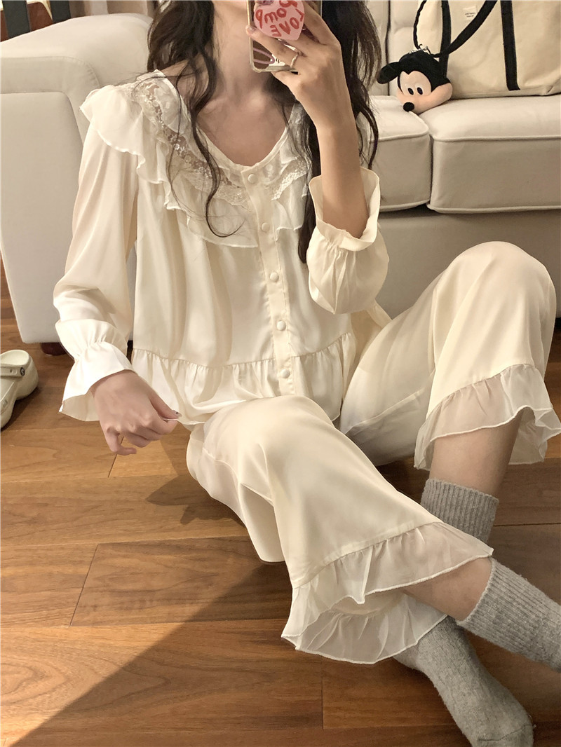 Autumn and Winter New French Ice Silk round Neck Sweet Princess Style Ruffled Long Sleeves Outerwear Homewear Pajamas Women's Suit
