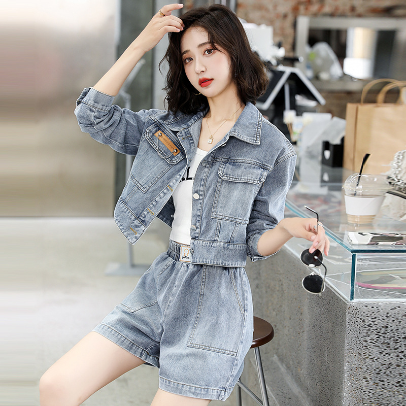 韩版休闲牛仔裤套装短裤阔腿女2021秋装新款韩版显瘦时髦洋气套装