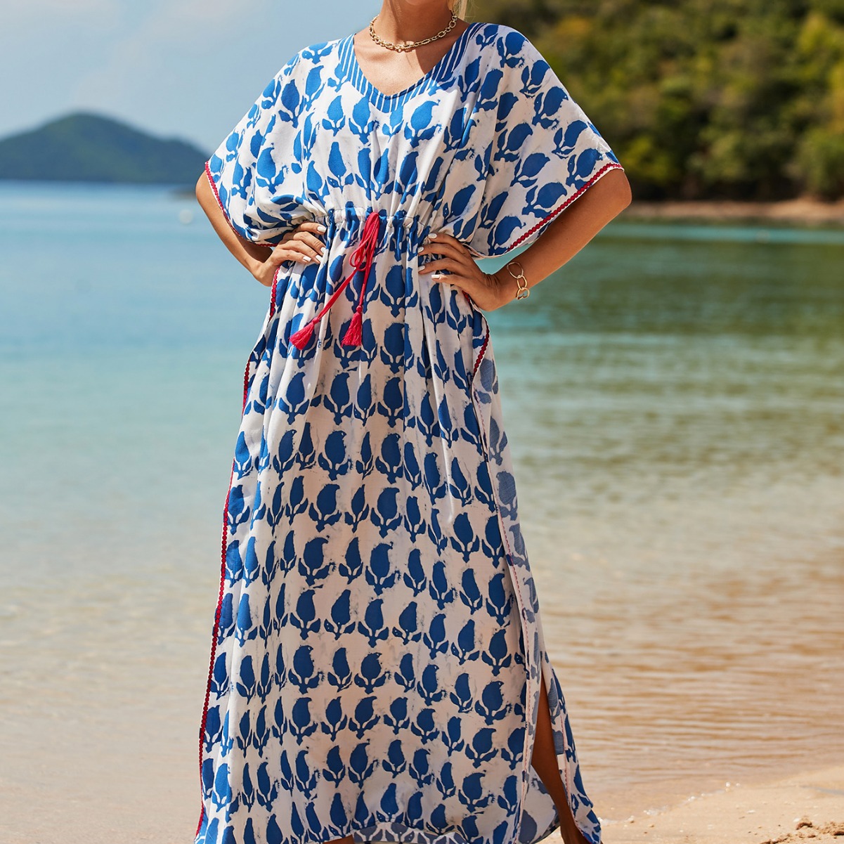 人棉印花抽带长袍 度假休闲沙滩比基尼外罩衫 11色 8648-阿里巴巴