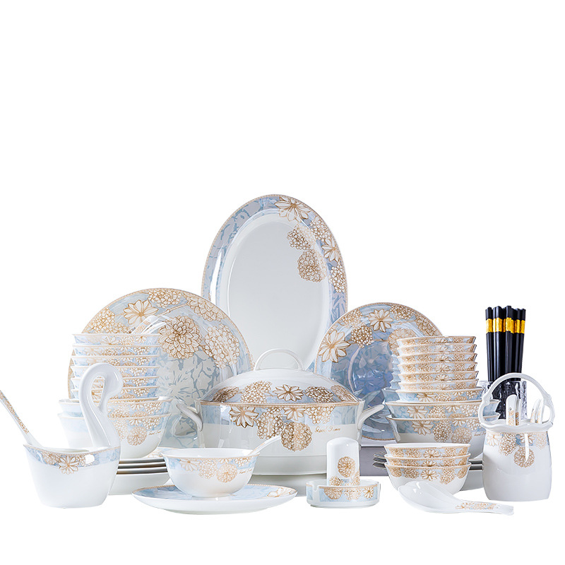 Tableware Set Full Set Household Jingdezhen Ceramic Bowl Dish European Ins Good-looking Bone China Tableware Plate Gift