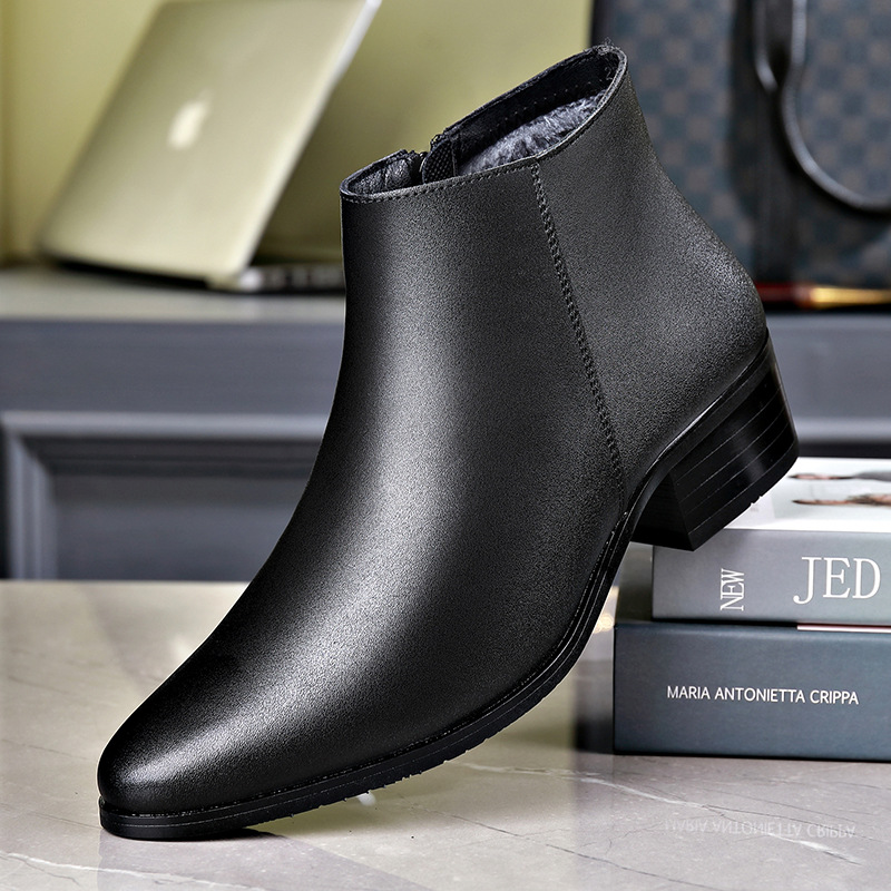 切尔西靴男高帮皮鞋冬季尖头增高加绒保暖雪地靴男士棉靴真皮短靴