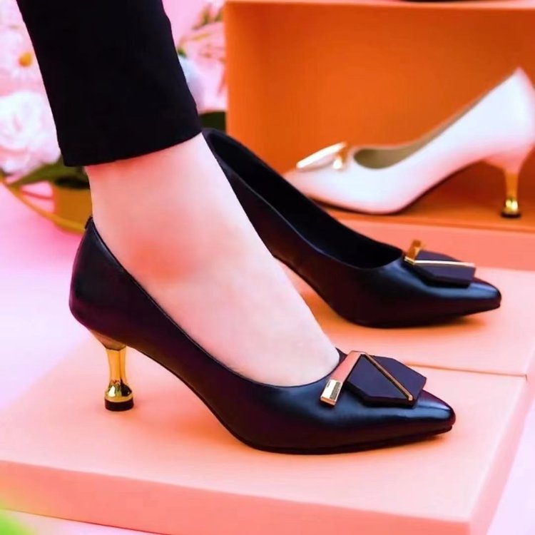 春秋春夏2024新款高跟鞋中跟单鞋软皮尖头金属搭鞋子女春季高颜值-阿