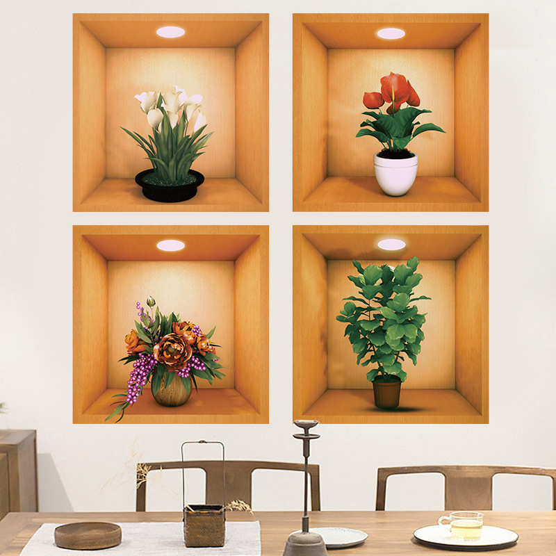 Simulation Green Plant 4-Piece Set Flower Pot 4PCs Photo Frame Self-Adhesive Stickers Wall Sticker Living Room Decorative Painting Suit