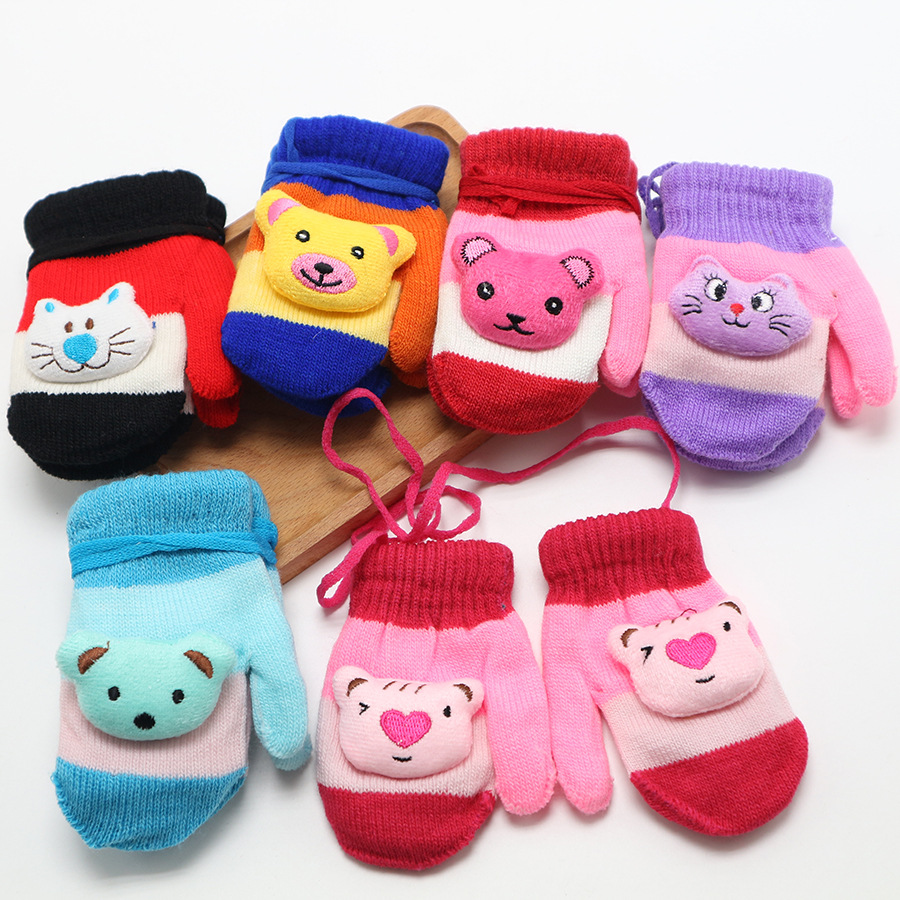 children‘s gloves boys and girls winter warm double-layer lanyard little child toddler cute princess baby girl wool hair batch