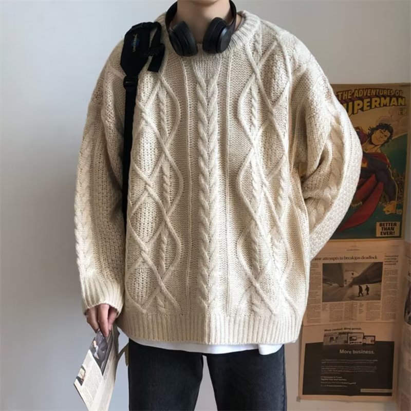 Red Birth Year Cable-Knit Sweater Men's Winter Heavy Thickening Idle Style Oversize Couple Base Sweater