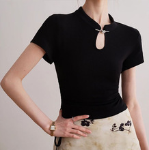 YQGFS中国风立领盘扣上衣2024春夏新款新中式短袖黑色抽绳收腰T恤