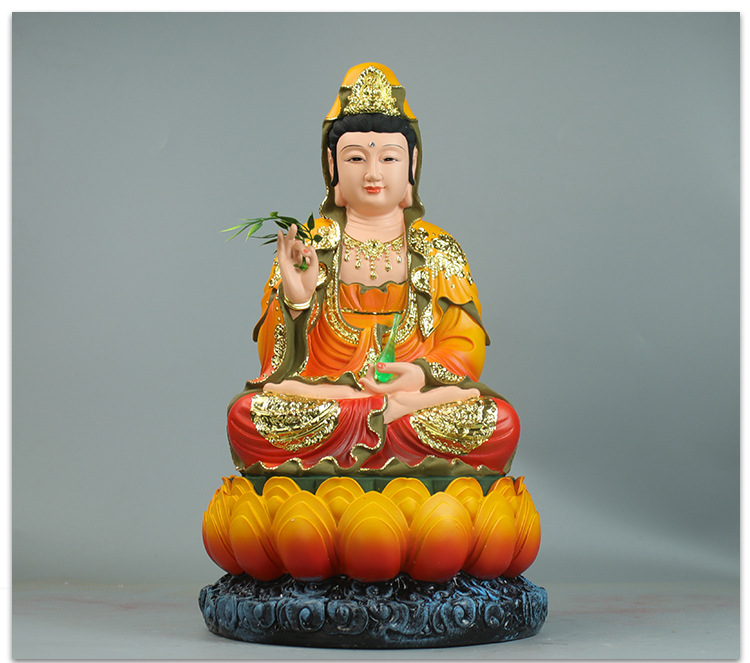观音菩萨佛像坐莲花南海观世音菩萨神像树脂彩绘睁眼观音镇宅摆件