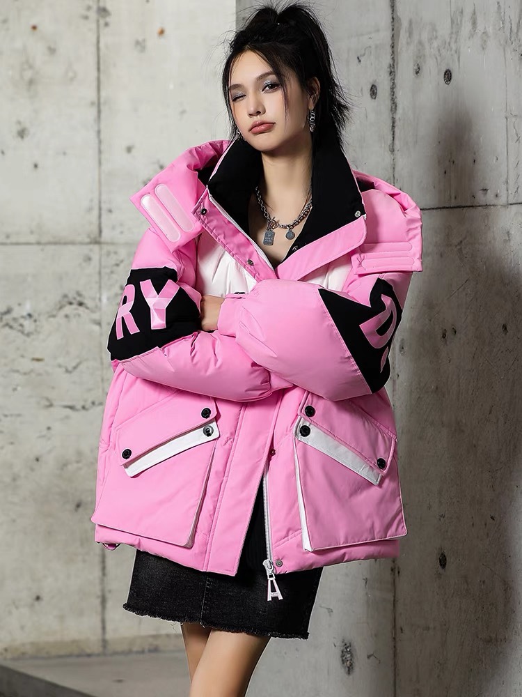 2023冬新款欧货潮牌撞色拼接字母印花羽绒服女中长款休闲加厚外套