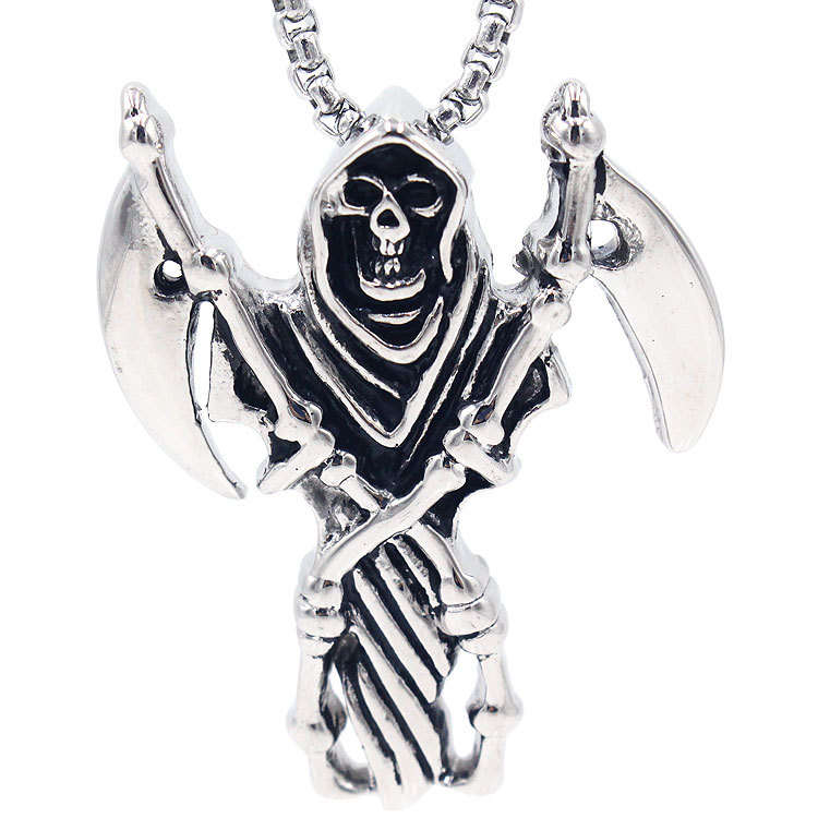 fa28外贸欧美复古男士钛钢坠饰 潮男霸气钢坠 双刀死神骷髅吊坠