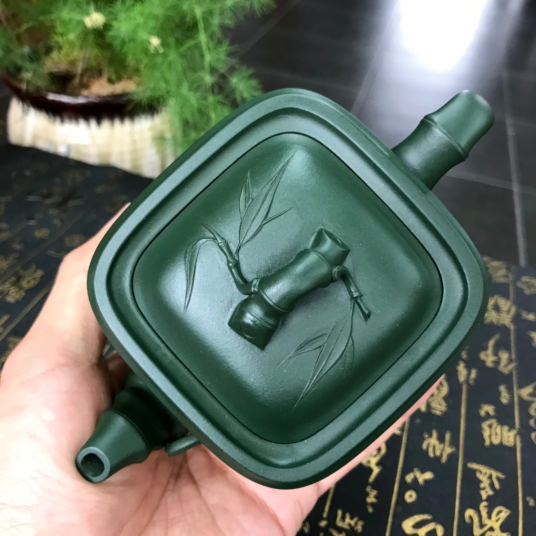 宜兴紫砂壶 名家手工茶壶 家藏民国绿泥 四方竹段壶 顺丰包邮