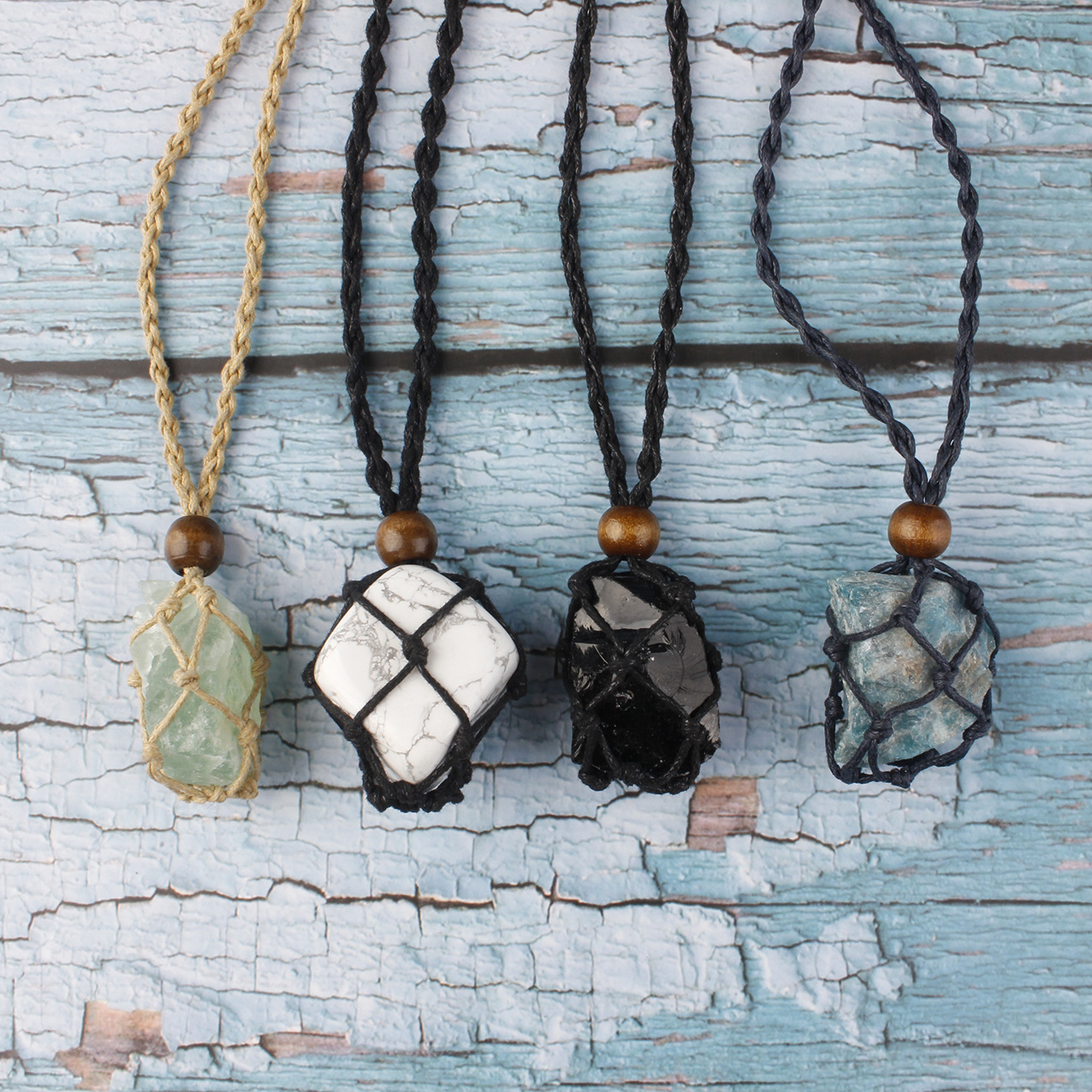 1条牛皮绳编织捆绑幸运水晶天然石黑曜石吊坠可调节项链项饰女士