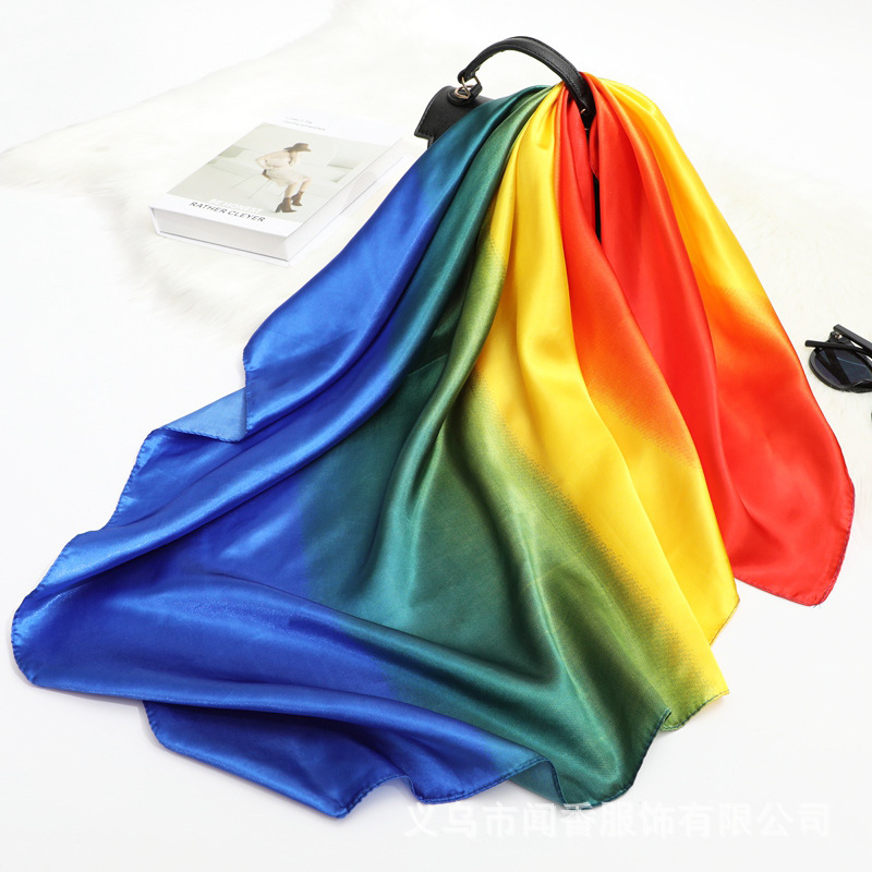 Gradient Satin Square Scarf 90cm Emulation Silk Scarf Female Ornament Scarf Neck Protection Autumn and Winter Shawl Performance Scarf