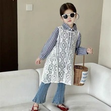 韩系童装女童衬衫2024春秋女宝宝蕾丝连衣裙儿童竖条衬衣女孩上衣