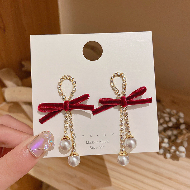 Silver Needle Red Bow Rhinestone Pearl Tassel Earrings French Style High Sense Ear Studs Earrings Internet Celebrity Earrings for Women