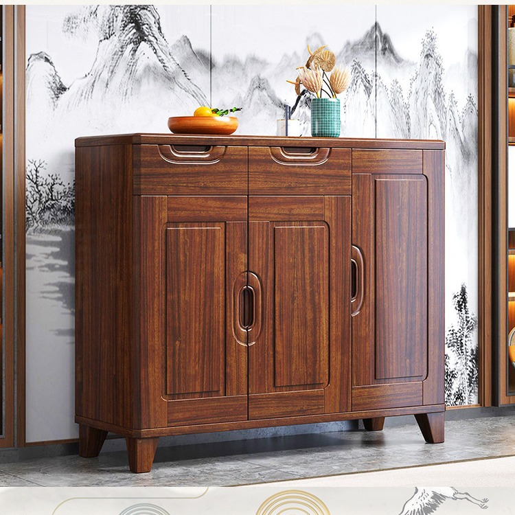 新中式鞋柜家用门口实木边框大容量室内客厅乌金木玄关柜收纳柜