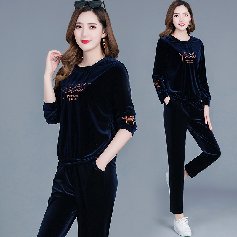 时尚金丝绒套装女2022春季新款韩版气质大码女装印花休闲两件套