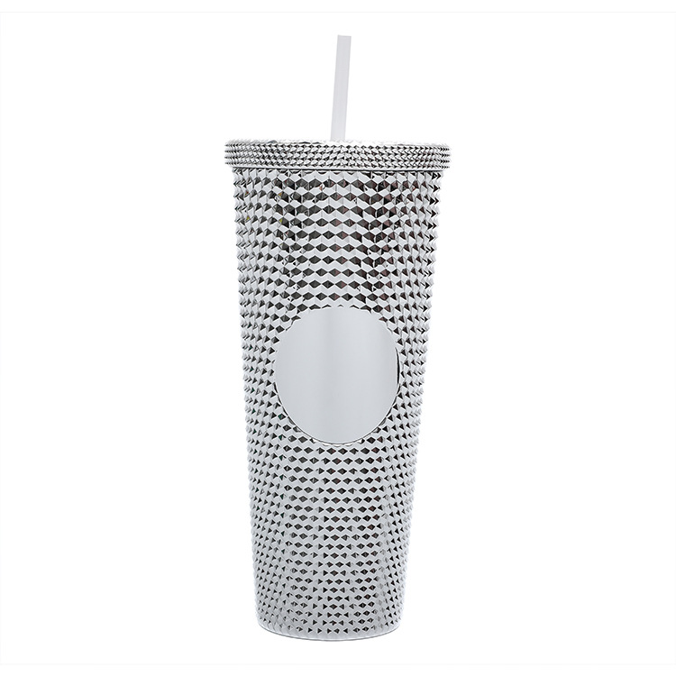 Cross-Border Factory Direct Supply Double Plastic Straw Cup Large Capacity Creative L Electroplating Gradient Color Tie Hand Durian Cup