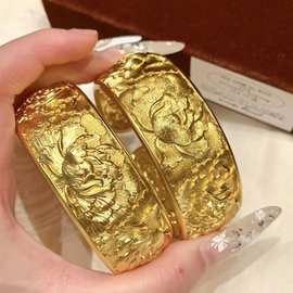 镀真金强保色古法沙金祥云牡丹花手镯浮雕莲花24mm婚礼婚庆宽镯子