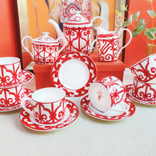 跨境欧式骨瓷咖啡杯茶壶套具中国红咖啡具陶瓷杯碟咖啡具结婚礼品
